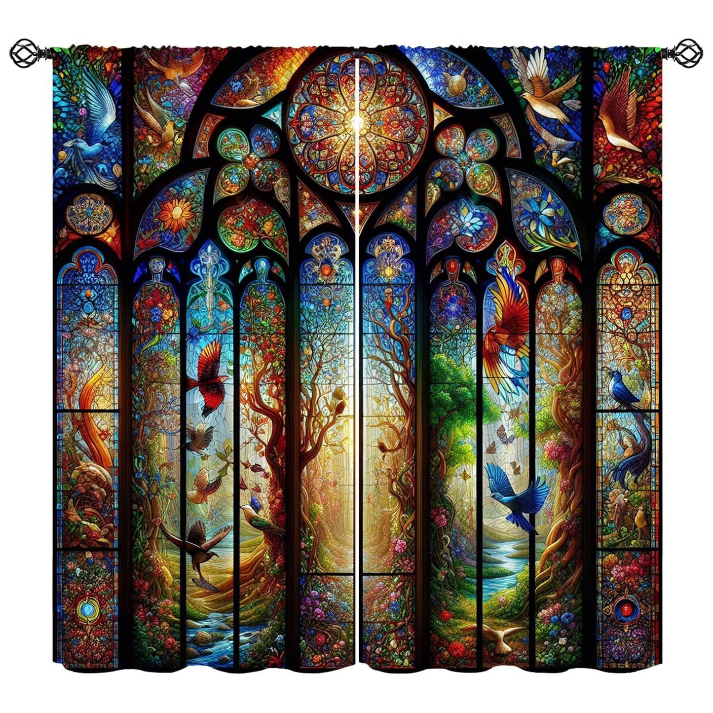 FengMingRui Fantasy Stained Glass Curtains Dream Forest Bird Geometric Patchwork Abstract Window Treatments for Kids Boys Girls Bedroom Living Room Window Drapes 42" W X 45" L