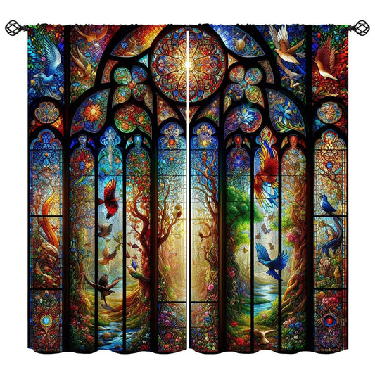 FengMingRui Fantasy Stained Glass Curtains Dream Forest Bird Geometric Patchwork Abstract Window Treatments for Kids Boys Girls Bedroom Living Room Window Drapes 42" W X 45" L