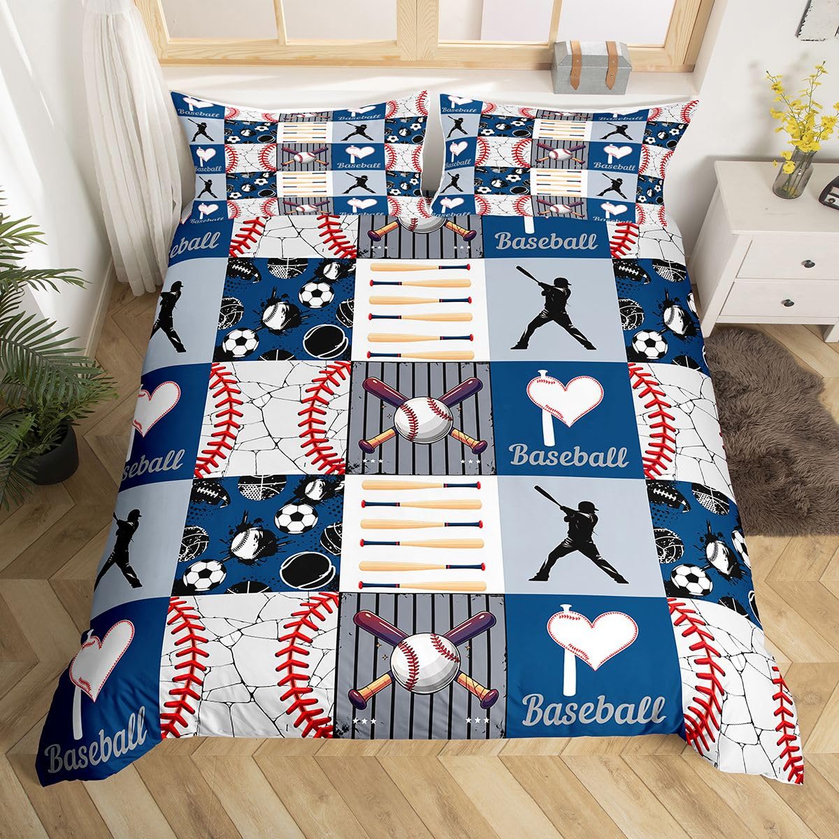 Erosebridal Baseball Bedding Set for Boys Teens Men - Sports Theme Duvet Cover With Patchwork Pattern - Modern Comforter Cover Bedspread Collections, King Size