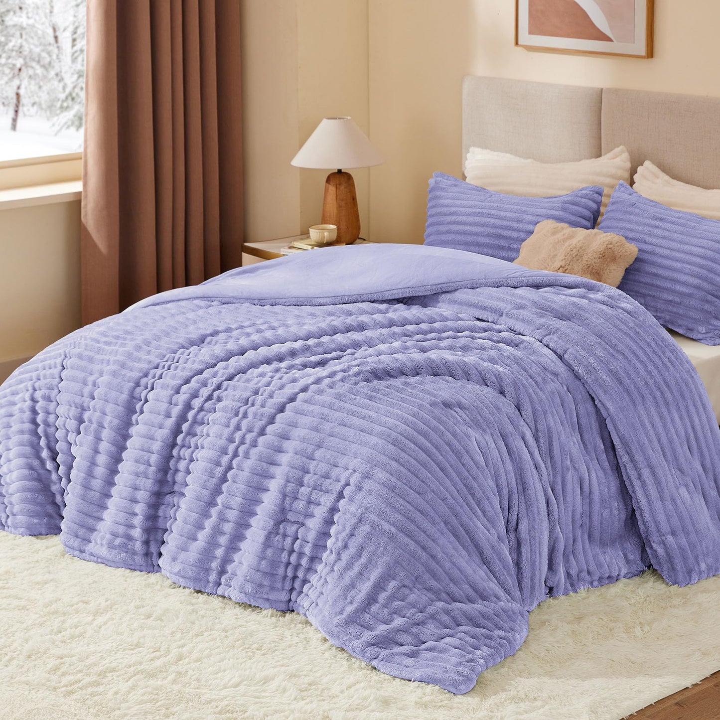 BEDELITE Fleece Queen Comforter Set -Super Soft & Warm Fluffy Lavender Bedding, Luxury Fuzzy Heavy Bed Set for All Season with 2 Pillow Cases
