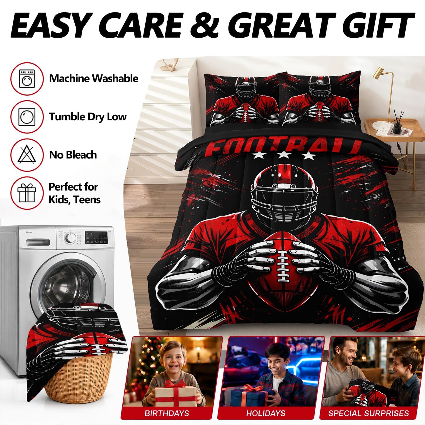 HICAND 5 Pcs Football Full Bedding Set for Boys Teens, Full Size Sports Football Player Boys Comforter Set with Sheets