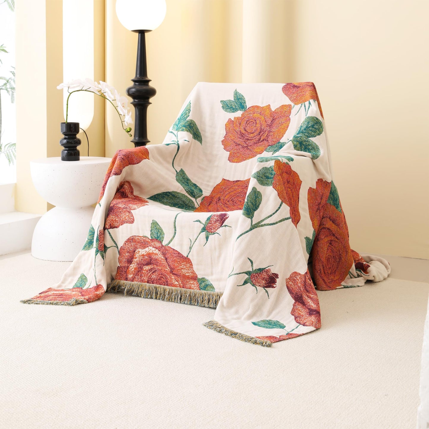 BRYALIX 100% Cotton Muslin Floral Throw Blanket, Red Rose Pattern, Lightweight Quilt, Boho Farmhouse Decorative Fringed Reversible Jacquard Throw for Home, Picnic, Travel, 60"x80"