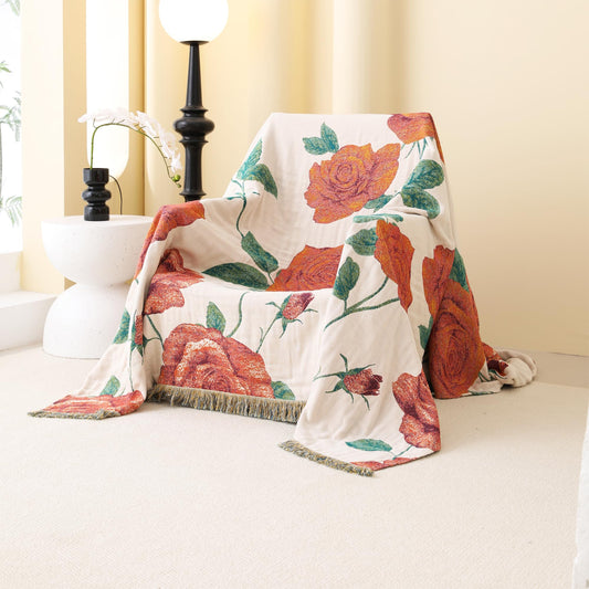BRYALIX 100% Cotton Muslin Floral Throw Blanket, Red Rose Pattern, Lightweight Quilt, Boho Farmhouse Decorative Fringed Reversible Jacquard Throw for Home, Picnic, Travel, 60"x80"