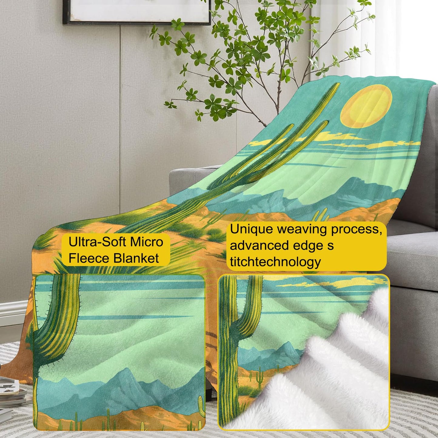 VANZEV Desert Cactus Throw Blanket Gifts for Women, Southwestern Style Blankets for Living Room Home Decor, Cozy Flannel Cactus Plush Throws 50"x60"