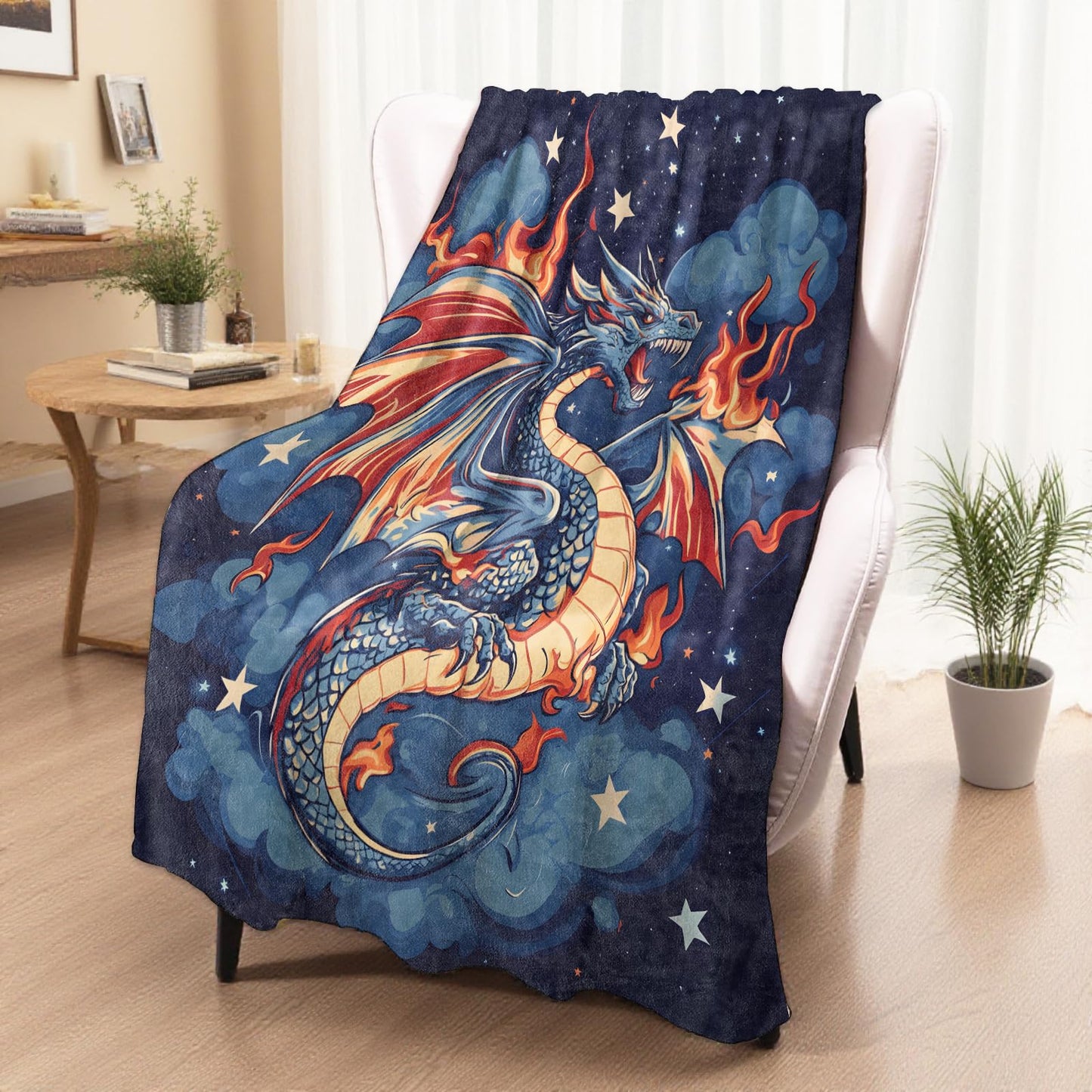 xmwjfd Fire Dragon Blanket, Cozy Plush Fiery Blue & Red Dragons Soaring Throw Blanket for Couch Bedroom Outdoor, Lightweight Soft Flannel Travel Blankets, Gifts for Women Kids, Warm Decor 50"×60"