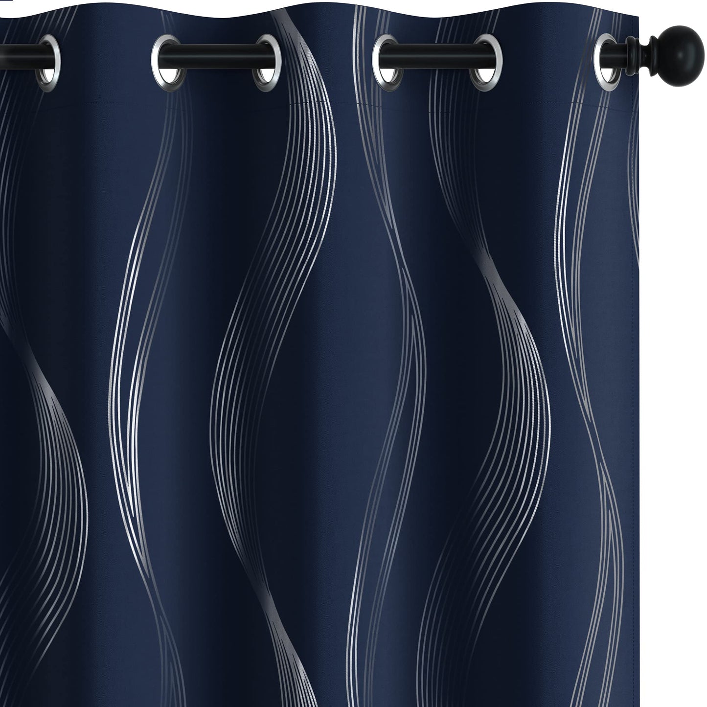 Deconovo Navy Blue Blackout Curtains 2 Panel Set for Bedroom, Thermal Insulated Grommet Room Darkening Window Drapes for Living Room, Silver Wave Foil Print, 52W x 84L Inch