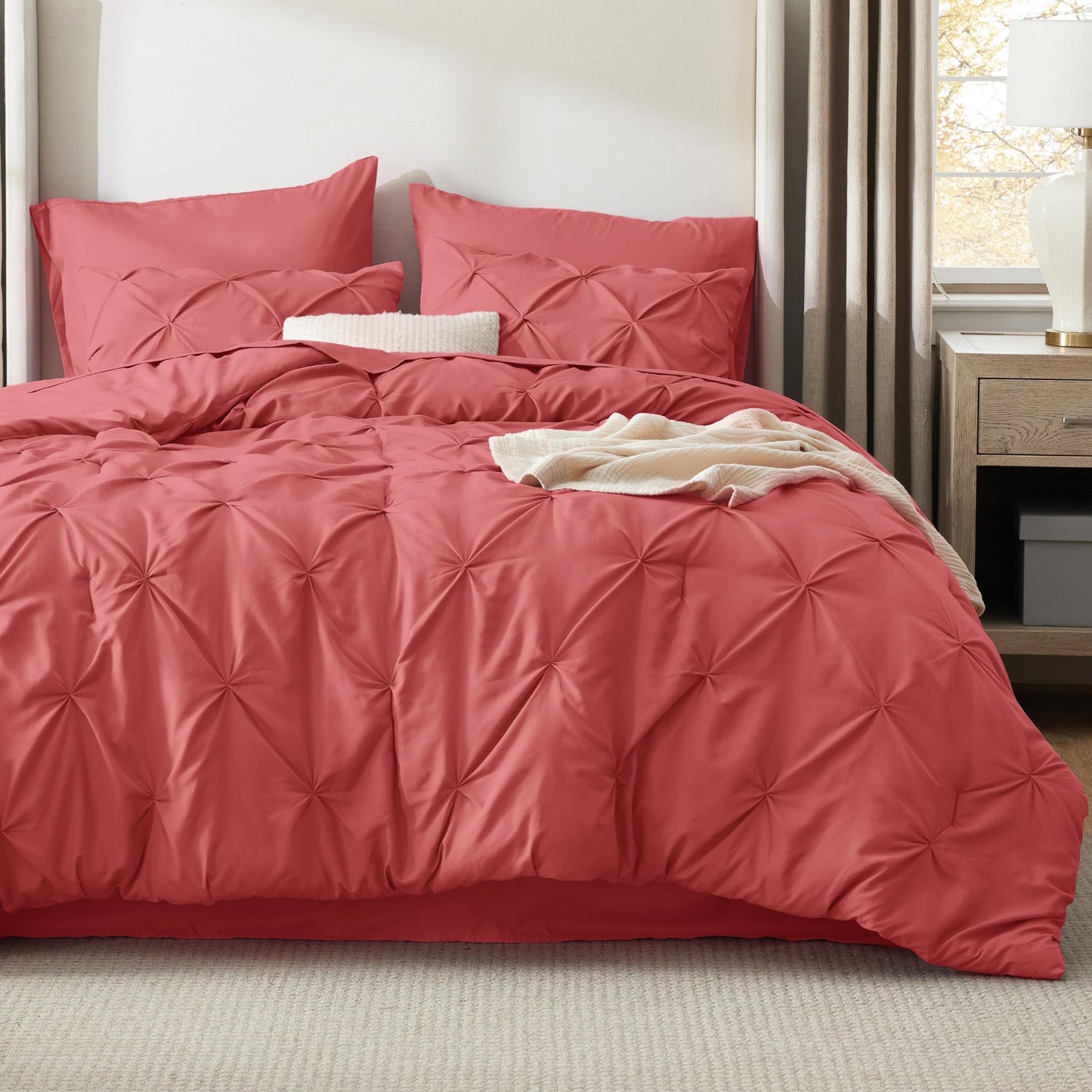 Bedsure Queen Comforter Set Coral Red - Bed in a Bag Queen Size Bedding 7 Pieces, GentleSoft™ Pintuck Bed Set Gift for Family, All Season Down Alternative Comforter with Sheets, Pillowcases & Shams