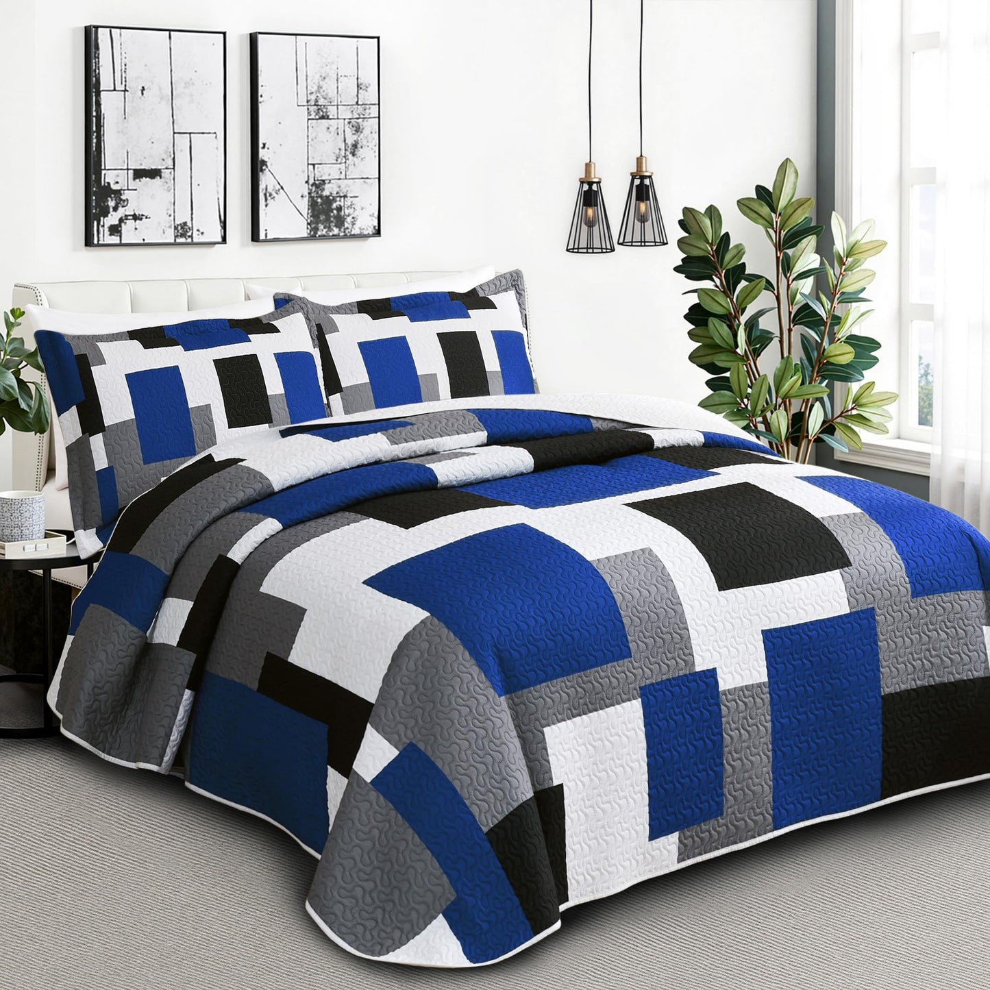 Tyrot 3 Piece Blue White Grey Quilt Set King Size Black White Geometric Reversible Bedding Set Microfiber Lightweight Bedspread Coverlet with 2 Shams Modern Bed Covers for All Season, 106''x96''
