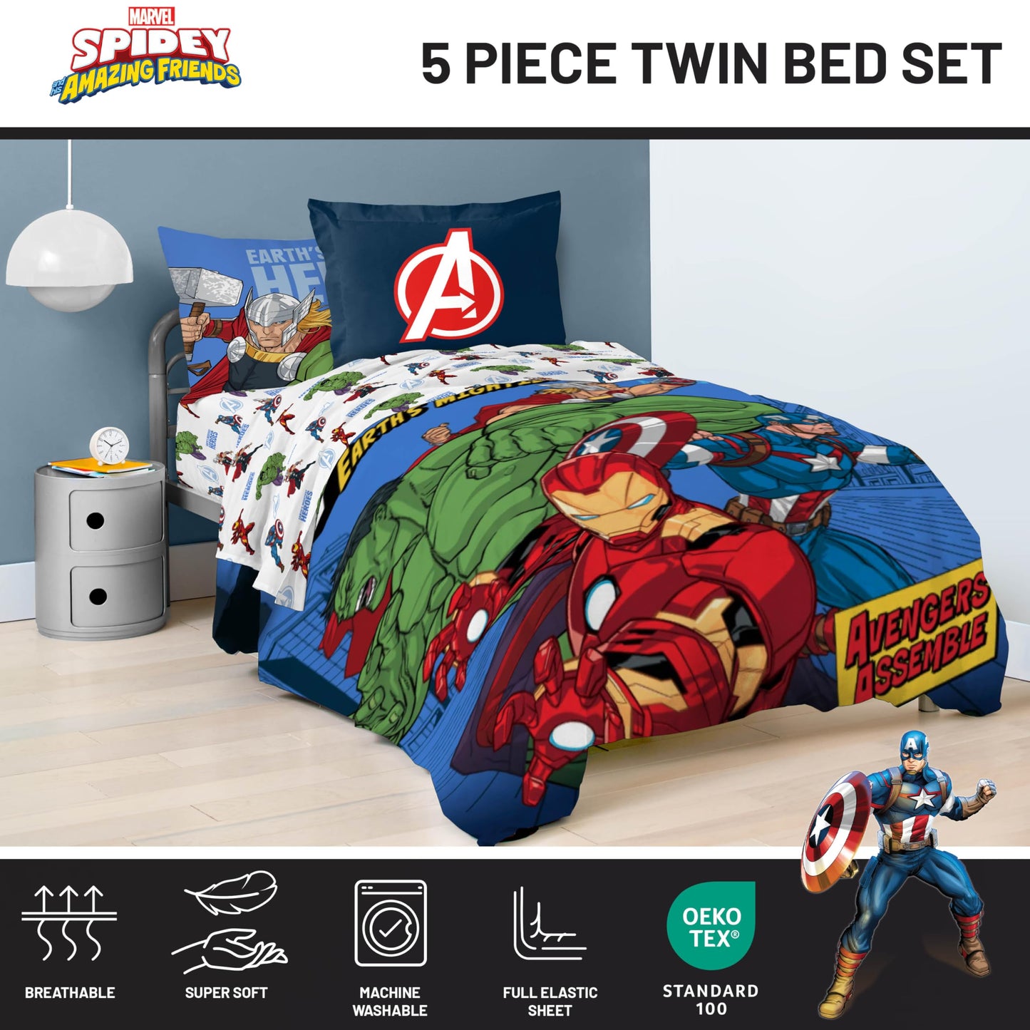 Jay Franco Kids Bed Set, Blue, Avengers, 5 Piece Twin