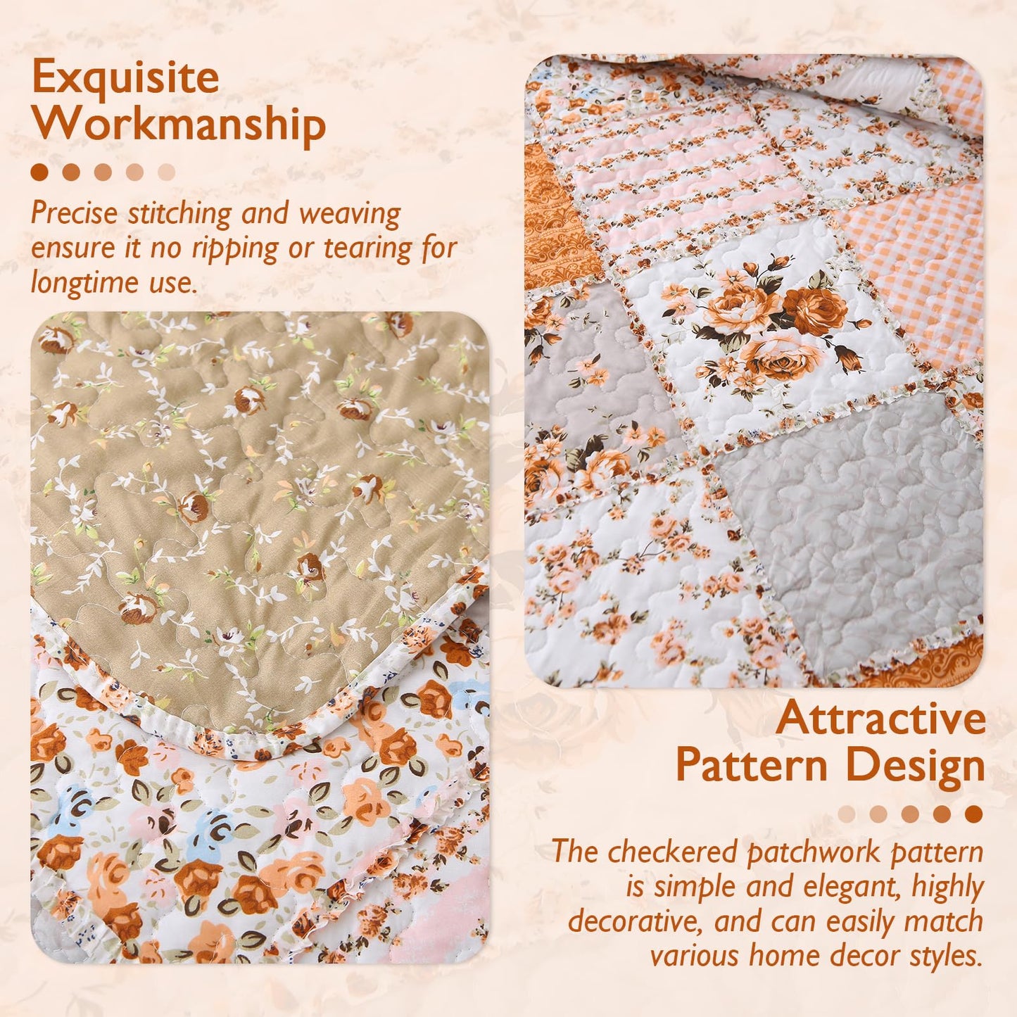 Yumhjika Patchwork Quilt Set Queen Size, 3 Pieces Floral Plaid Bedspreads Coverlet, Soft Microfiber Lightweight Bedding Set for All Season,Orange
