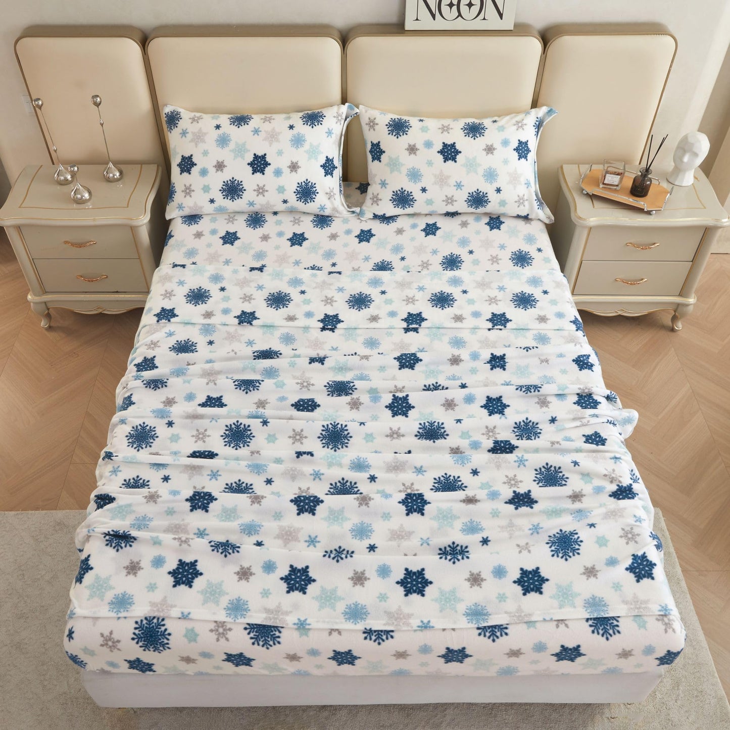 Viviland Microfleece Full Bed Sheet Set, Christmas Holiday Flannel-Like Fleece Fitted Sheets with 15" Deep Pocket, Snowflake Printed Winter Velour Velvet Double Sheets & Pillowcase Set