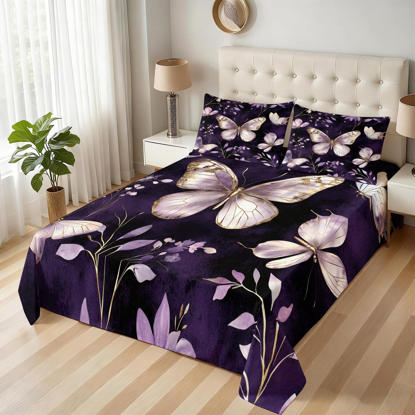 ZAOMIR Purple Butterfly Sheet Set King for Girls, Animal Floral Bed Sheets Set 4Pcs Elegant Flower Leaves Bedding Sheet Sets (Fitted & Flat Sheet+2 Pillowcases)
