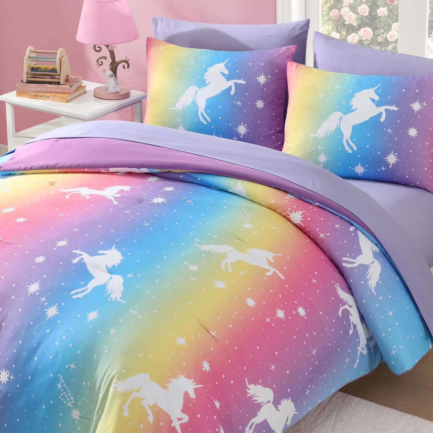 Wink Deer Full Size Comforter Set for Girls-7 Pieces Rainbow Unicorn Full Bedding Sets for Kids, Ultra Soft Bed in A Bag with Sheets
