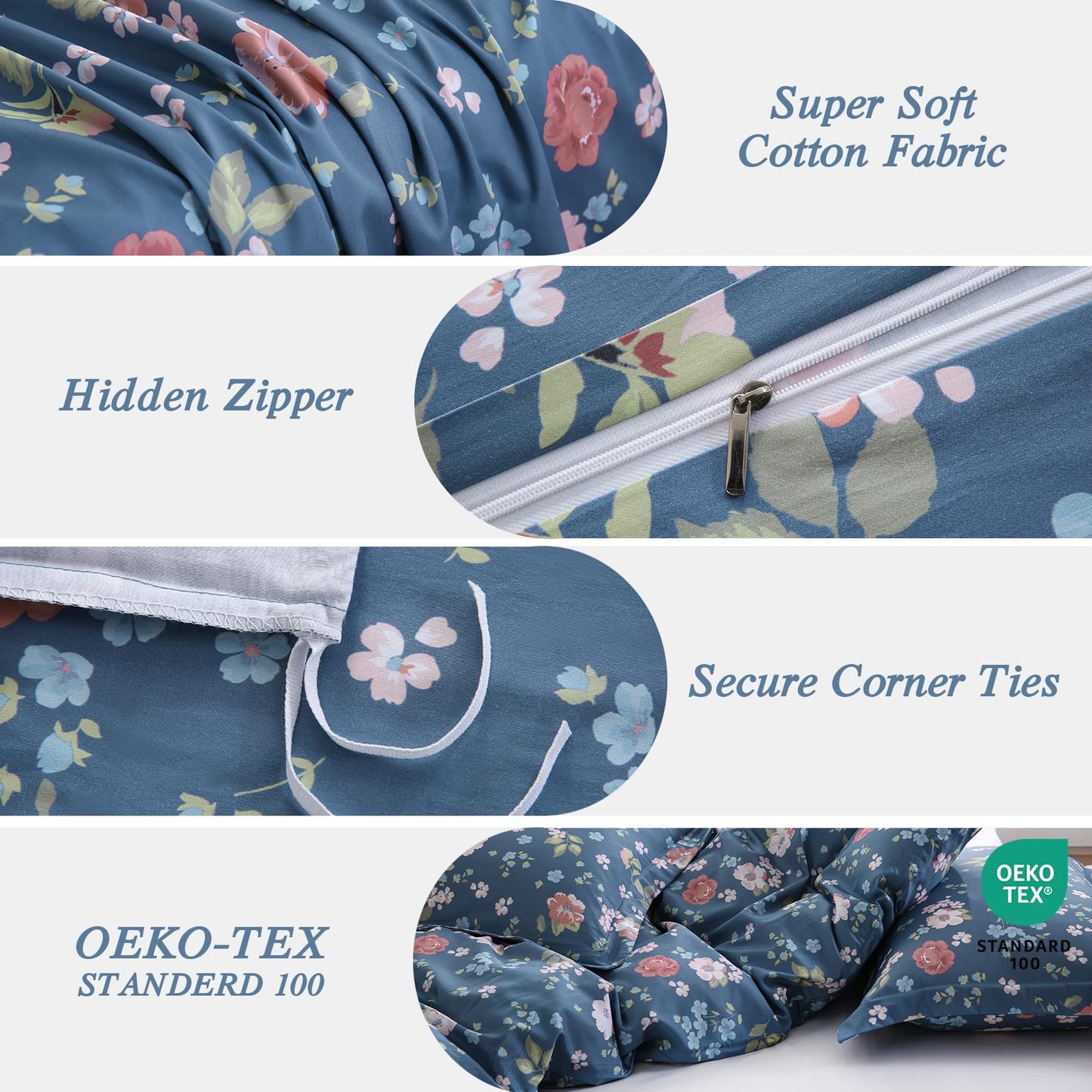 Ocharo Spring Floral 100% Cotton Duvet Cover King Size for Girls,Botanical Flowers Reversible Comforter Cover with Zipper Closure,3 Pieces Soft & Breathable Navy Pink Bedding Set for All Seasons
