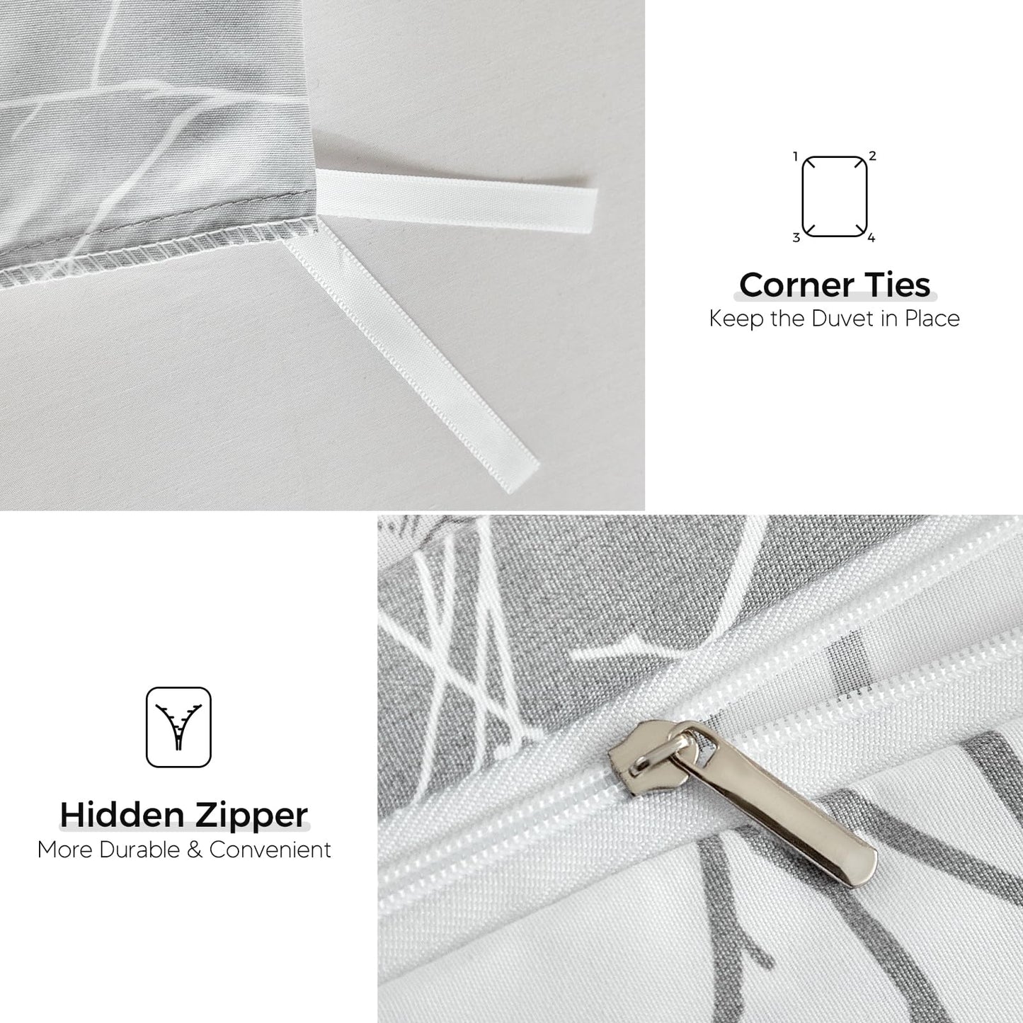 Lekesky Duvet Cover Queen Size with Fitted Sheet - 4 Pieces Printed Soft Bedding Set, Includes 1 Duvet Cover 90x90 Inches with Zipper Closure & 8 Ties, 2 Pillow Cases, 1 Fitted Sheet, Grey Leaves