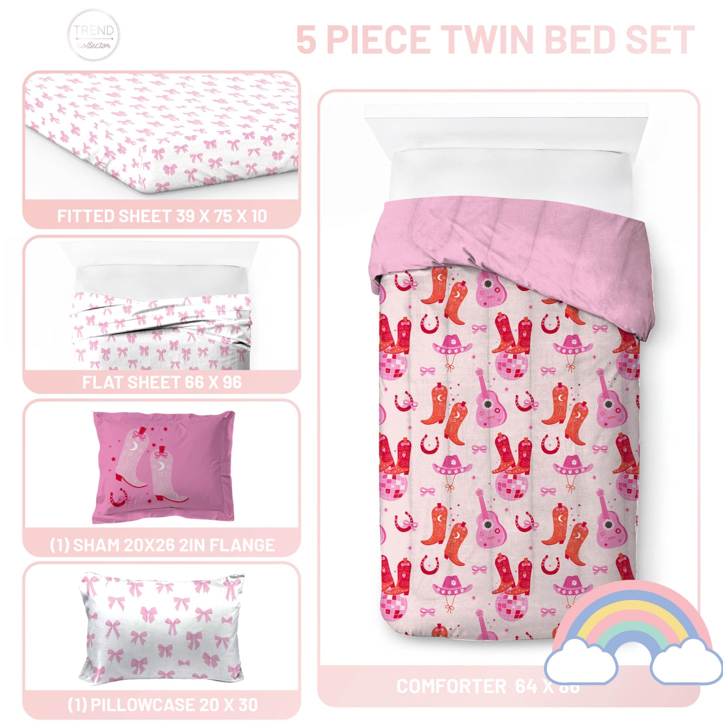 Jay Franco Kids Bed Set, Pink, Cowgirl Boots & Bows, 5 Piece Twin