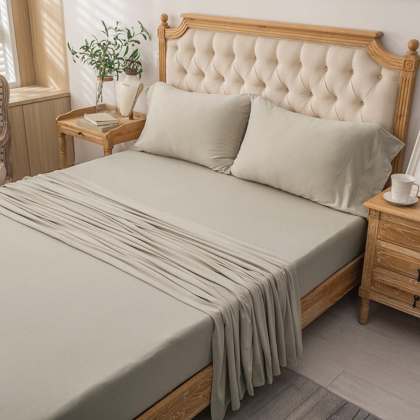 PURE ERA Jersey Knit 4pc Bed Sheet Set 100% T-Shirt Heather Cotton Super Soft Comfy Breathable Fits Mattress Up to 20" Extra Deep Pocket (Dark Beige,Queen)