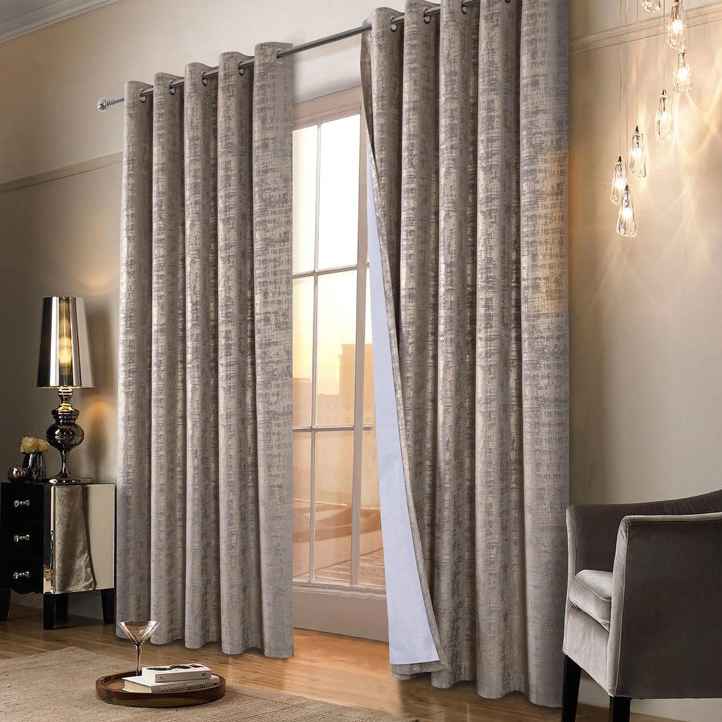 always4u 100% Blackout Soft Velvet Curtains for Bedroom Living Room Thermal Energy Saving 84 Inches Long Luxury Gold Foil Print Drapes 2 Panels Champagne