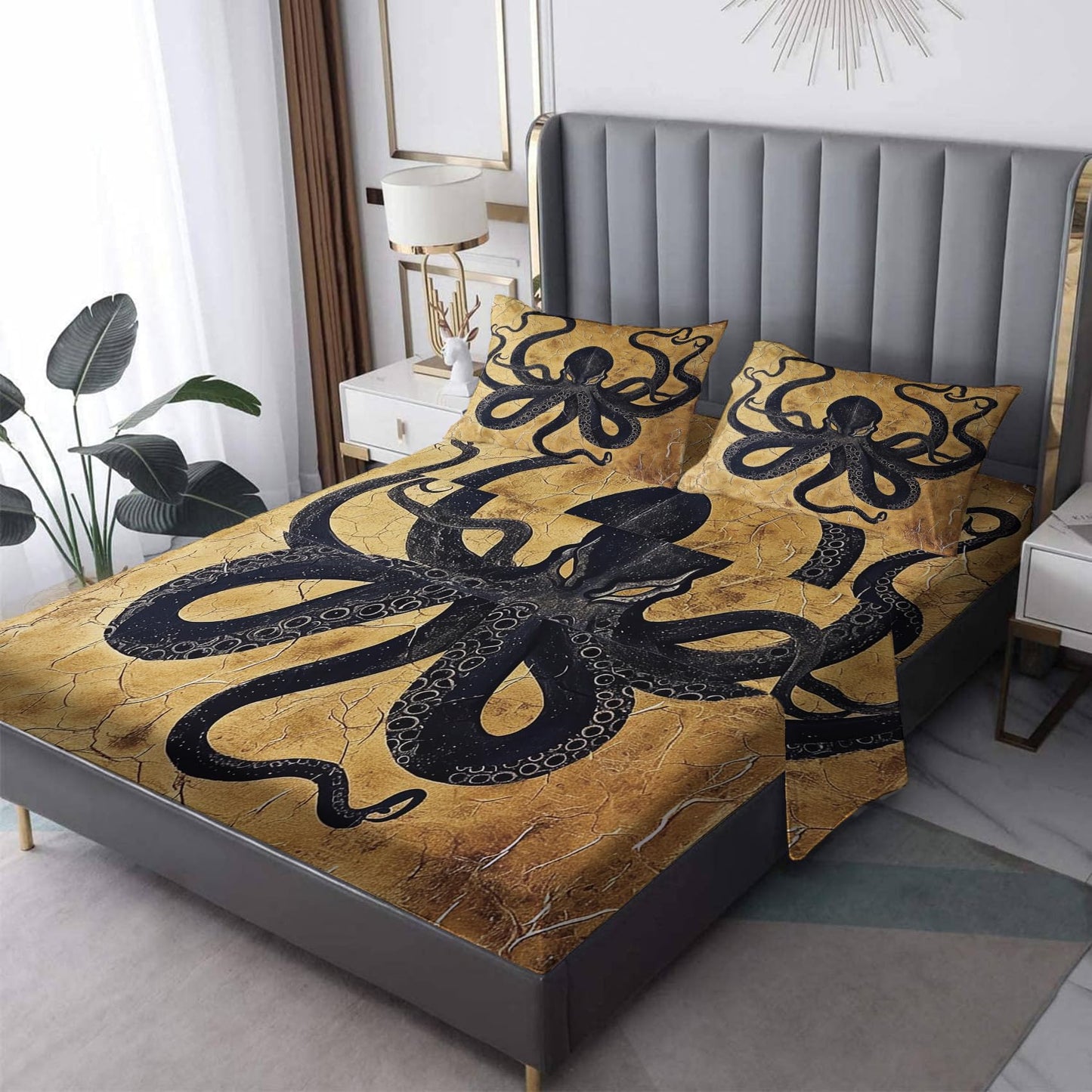 NOGAWA Octopus Sheets Queen, Kraken Tentacle Witch Bed Sheets, Deep Pocket & Soft Microfiber Bedding Sheets & Pillowcases 4 Piece - Fitted Sheet & Flat Sheet & 2 Pillow Cases