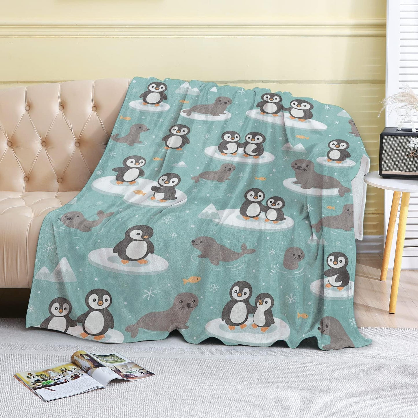 coedoaes Cute Penguin and Seal Fleece Blanket,50x60in,Arctic Animal Ice Floes and Fish Throw Blankets,Soft Cozy Lightweight, Ideal for Bed Living Room Home Winter Decor,Kids Gifts