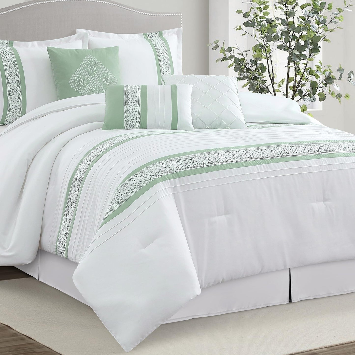 LANCO MODERN LIFESTYLE 7 Piece Comforter Set, Sage White, Queen Size, Boho Style Geometric Microfiber Embroidery, Bed in a Bag with Bedskirt, Pillow Shams and Decor Pillows