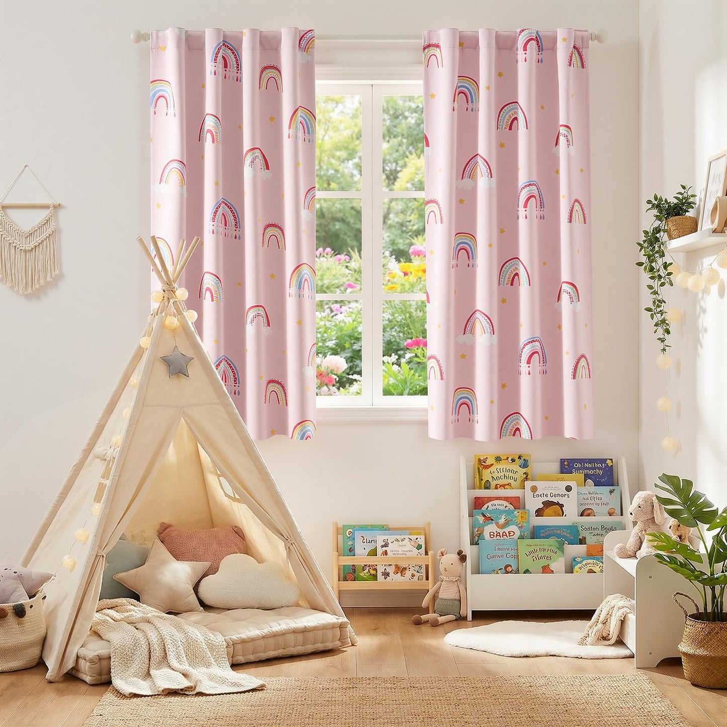 Vangao Blackout Curtains for Kids Bedroom Rainbow Pink Nursery Curtains 63 Inch Length Short Drapes for Teen Girls Thermal Insulated Room Darkening Boho Light Blocking for Living Room Set of 2
