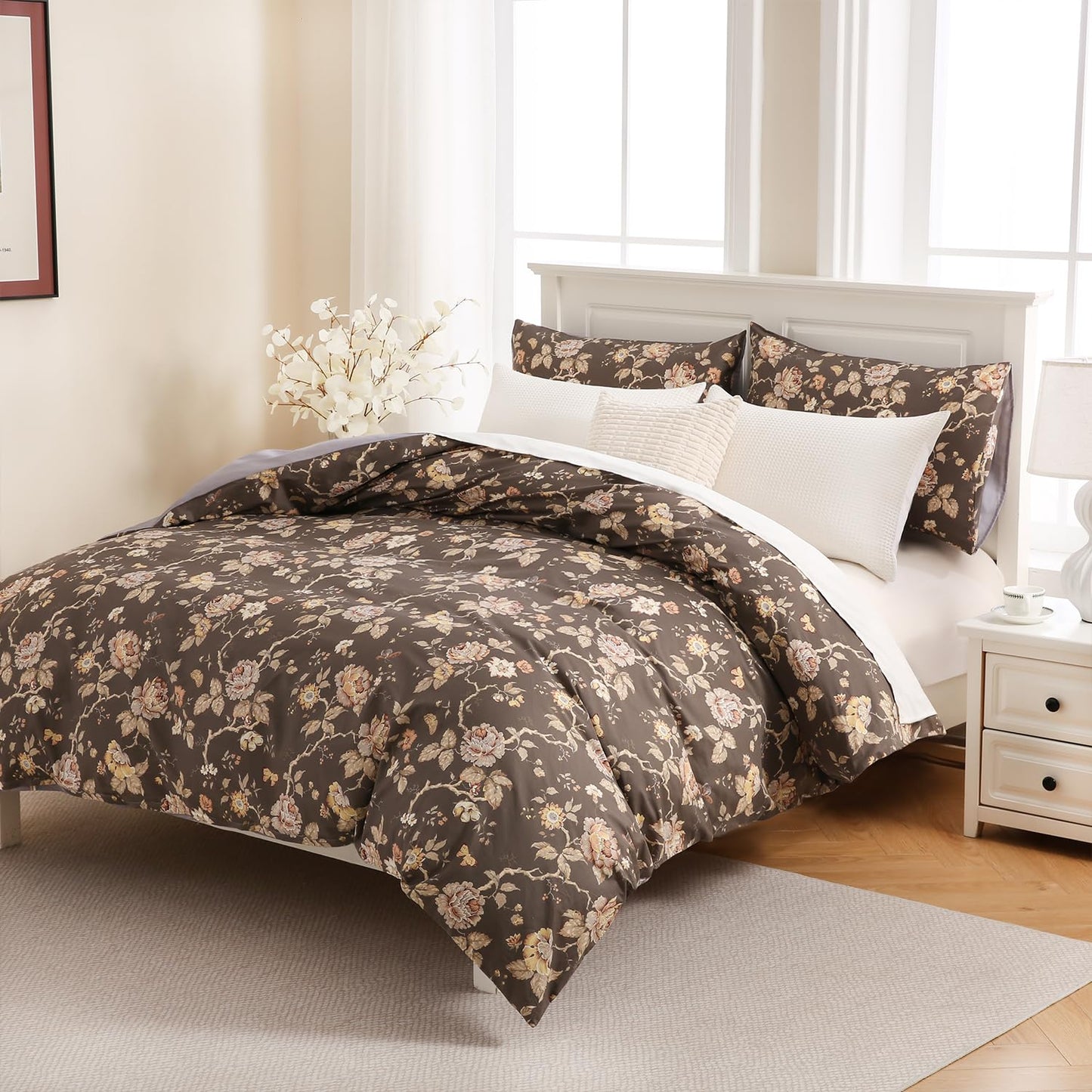 Zusbest Grey Brown Duvet Cover King 100% Cotton Shabby Vintage Floral Bedding Mocha Comforter Cover with Zipper, Soft Skin-Friendly Breathable, Peony Flower Print Bed Set, 3 Pcs
