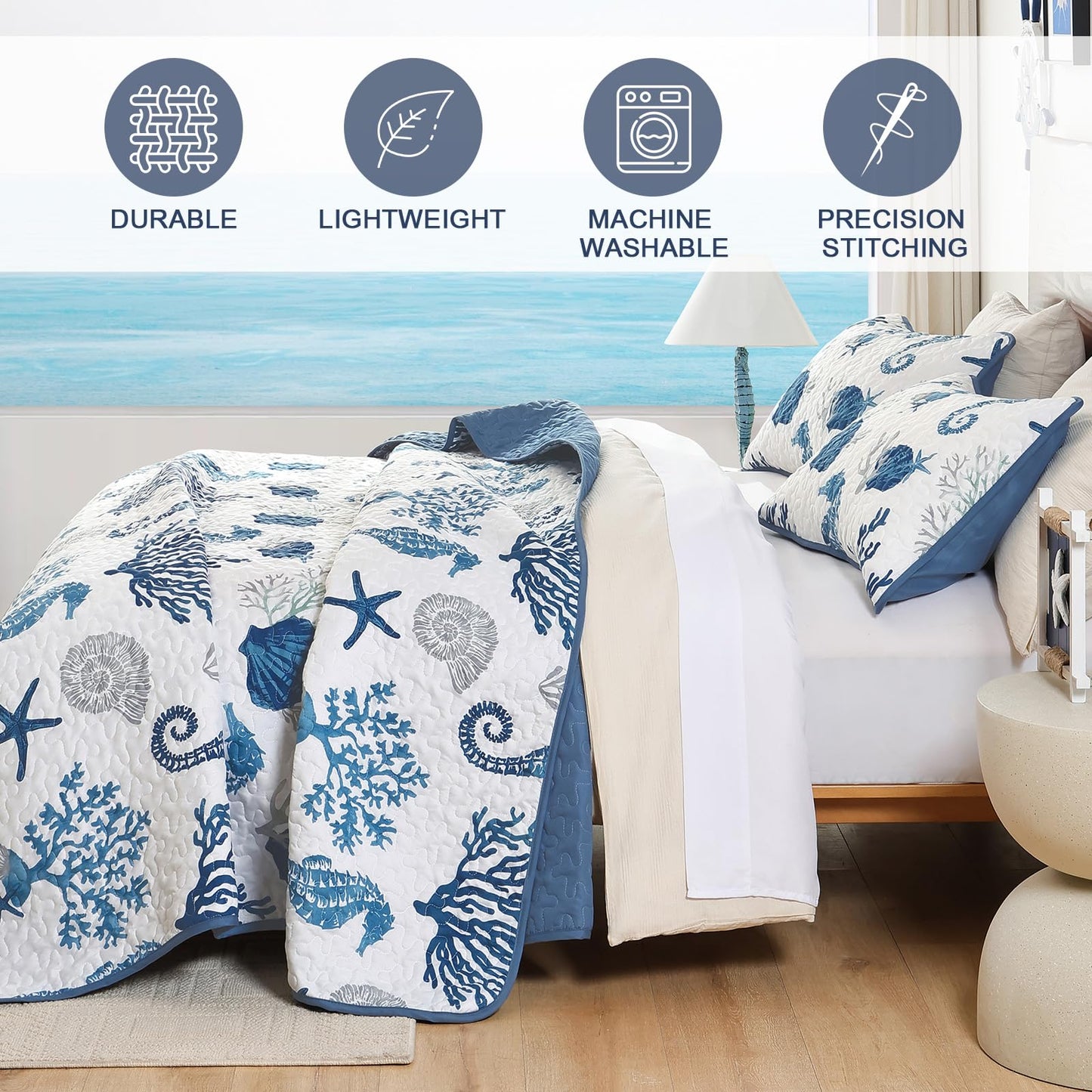 Djoymock Coastal King Size Quilt Set 3 Pcs, Summer Blue Beach Theme Quilts with Pillowcases Reversible Microfiber Ocean Bedding Set Nautical Bedspreads Coverlet Lightweight Comforter for All Season