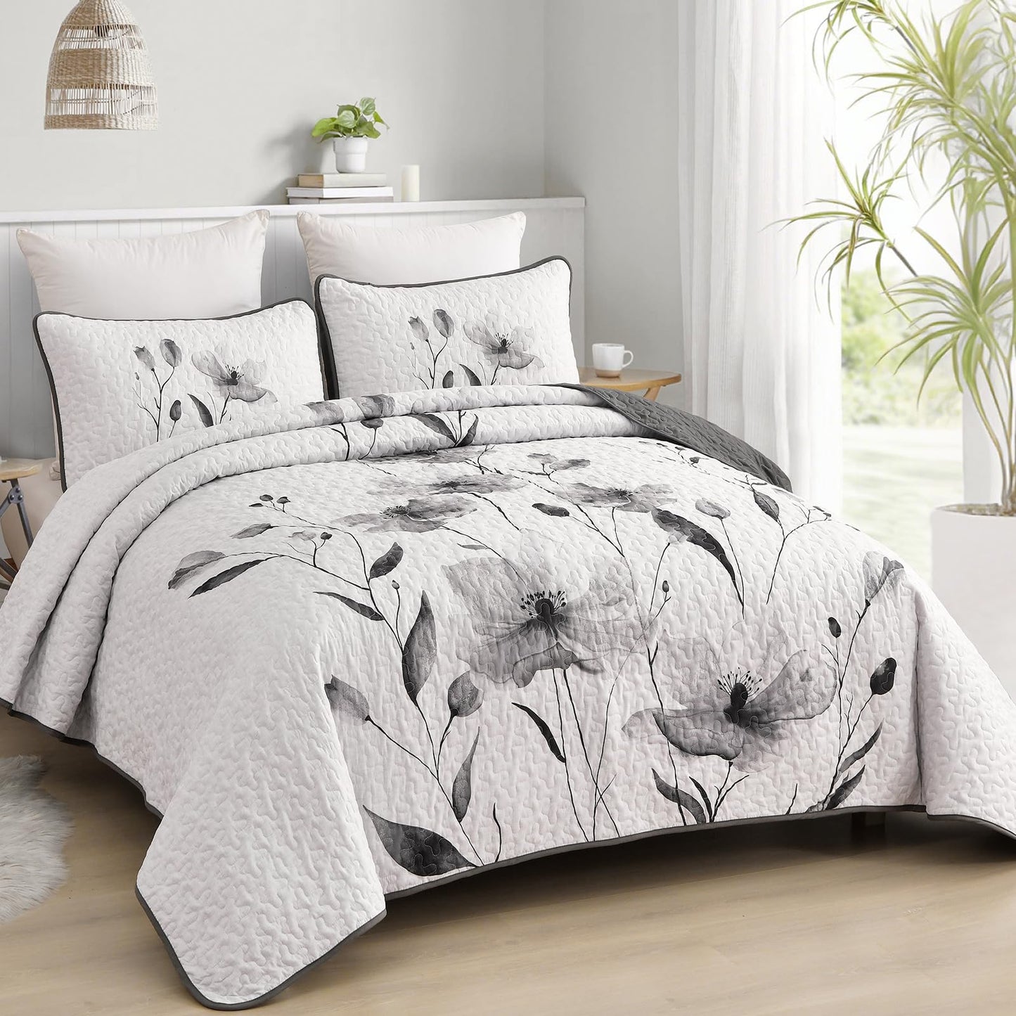 Mybedsoul Floral Quilt Set King Size, 3 Pieces Grey Bedspread Coverlet Set, Lightweight Farmhouse Botanical Bedding Set for Fall Winter All Season(104"x90")
