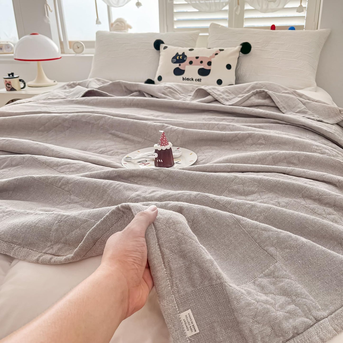 YTYC 78x90 Inches King Size 100 Pecent Cotton Blanket for Bed Sofa Super Soft Breathable Lightweight Throw Blanket for All-Season Square Decoration(Grey,1piece)