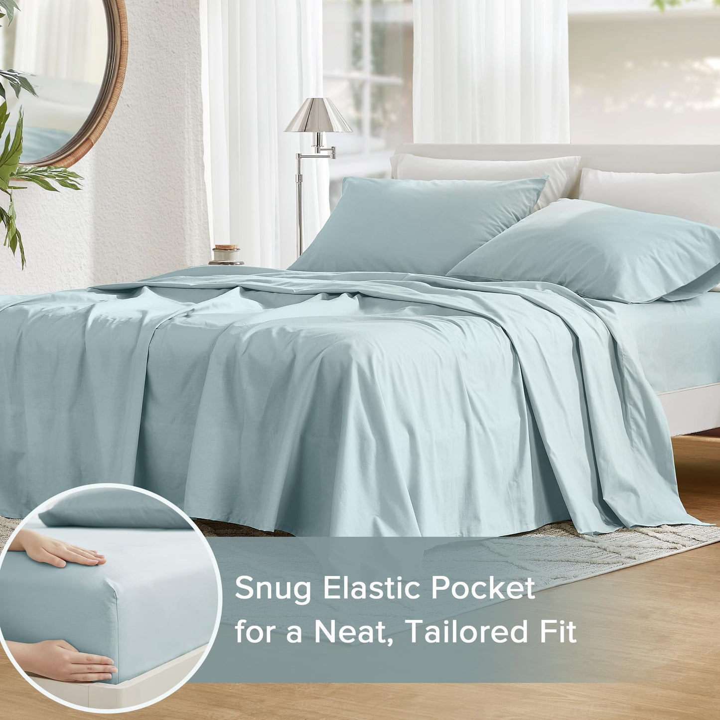 Comfort Spaces 100% Cotton Sheets King, Breathable & Soft Cotton Sheets, Naturally Cool Cotton Bed Sheets with 14" Elastic Pocket Fits up to 16" Mattress, All Season Sheet Set, Light Blue 4 Piece