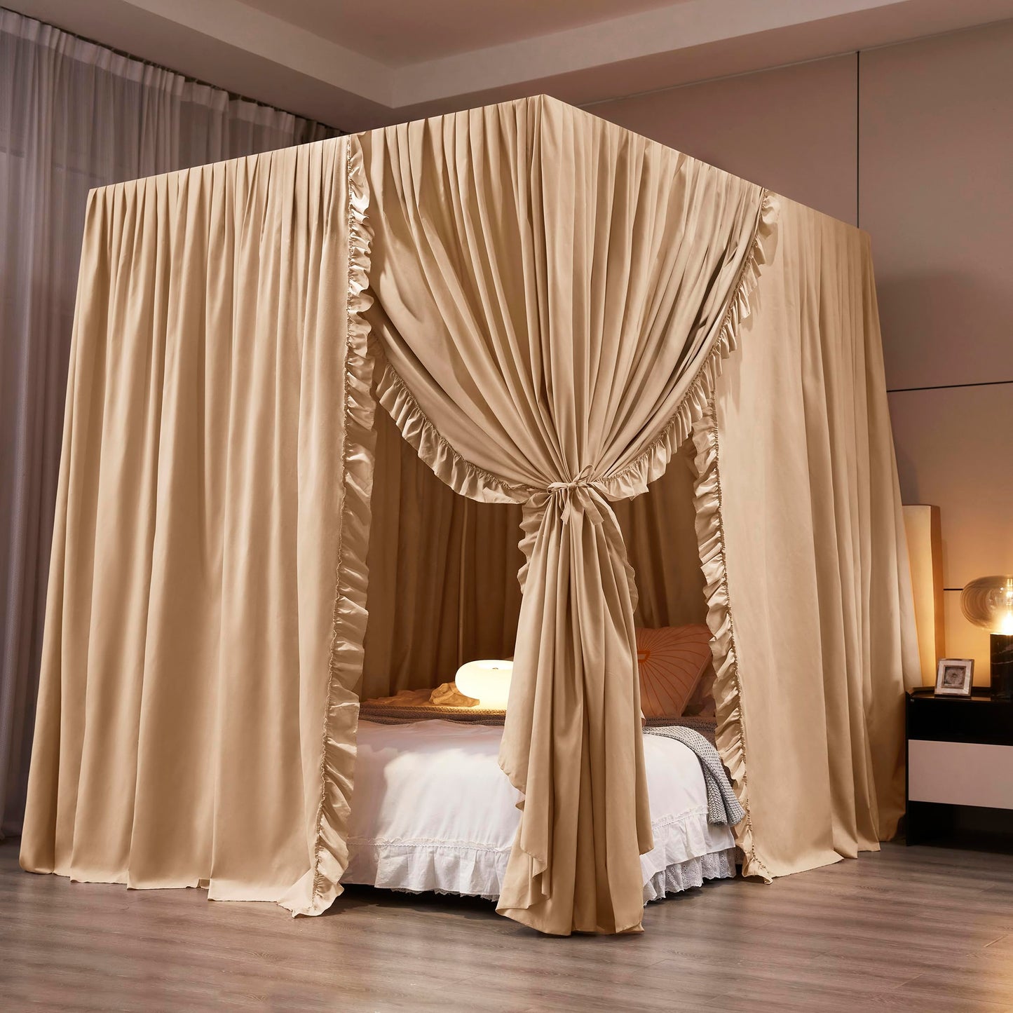 Mengersi Canopy Bed Curtains Queen Size,Royal Breathable Private Space-Elegant Bed Curtains Bedroom Decor for Adults,Champagne