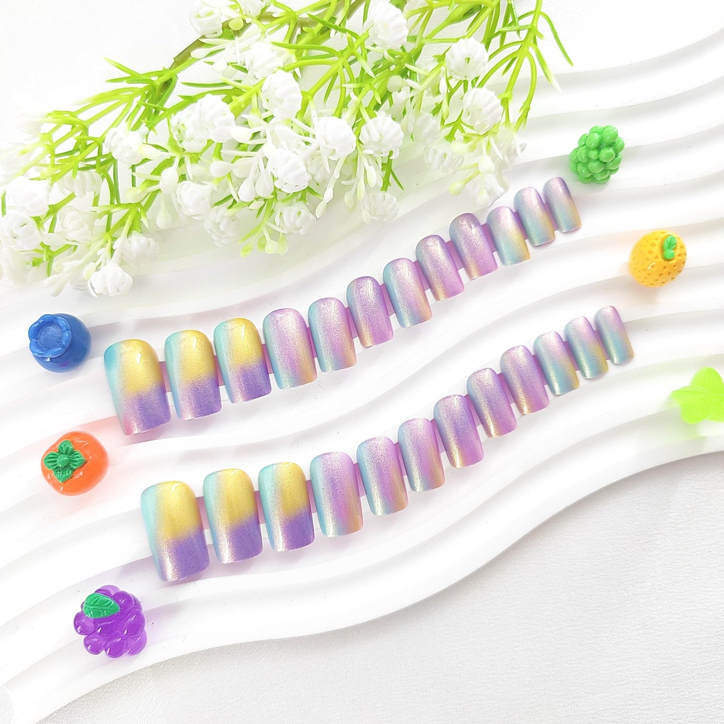 Medium Press on Nails Square Fake Nails with Purple Blue Yellow Gradient Design Acrylic Nail Press ons Full Cover Glossy Artificial Stick on Nail for Women 24Pcs