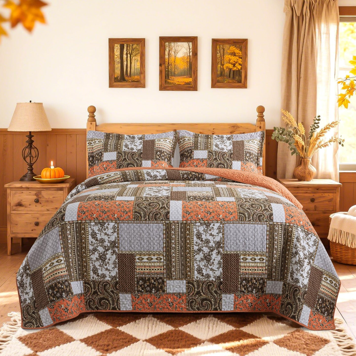 BEDIFANY Farmhouse Cotton Quilts Queen Size for Fall - Lightweight Patchwork Autumn Bedspread Set for Bed Coverlet - Highly-Woven Soft Reversible Bed Spread for All Seasons (Floral Orange) 3 Pieces