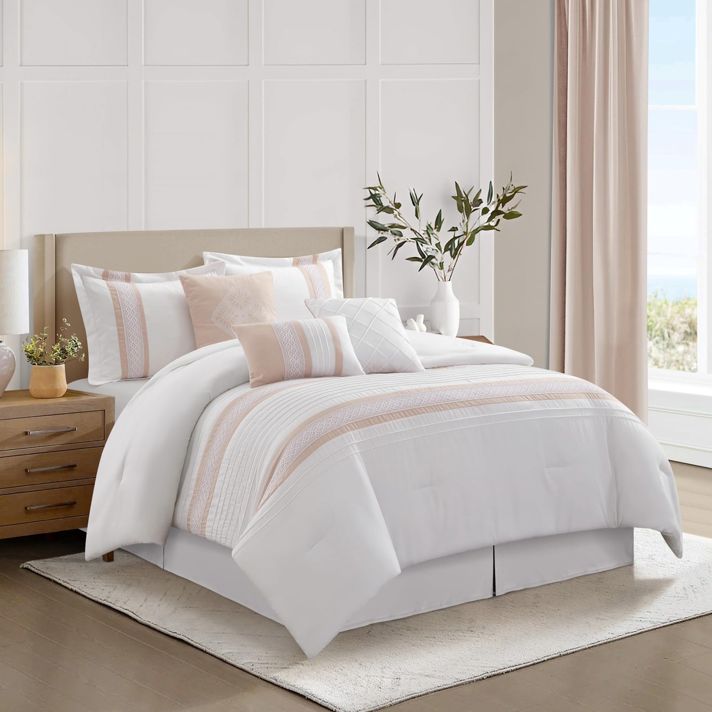 Stratford Park Striped 7 Piece Pink White Comforter Set, Queen Size Microfiber Bedding, All Season Bedding Set, Bed Skirt, Pillows & Shams