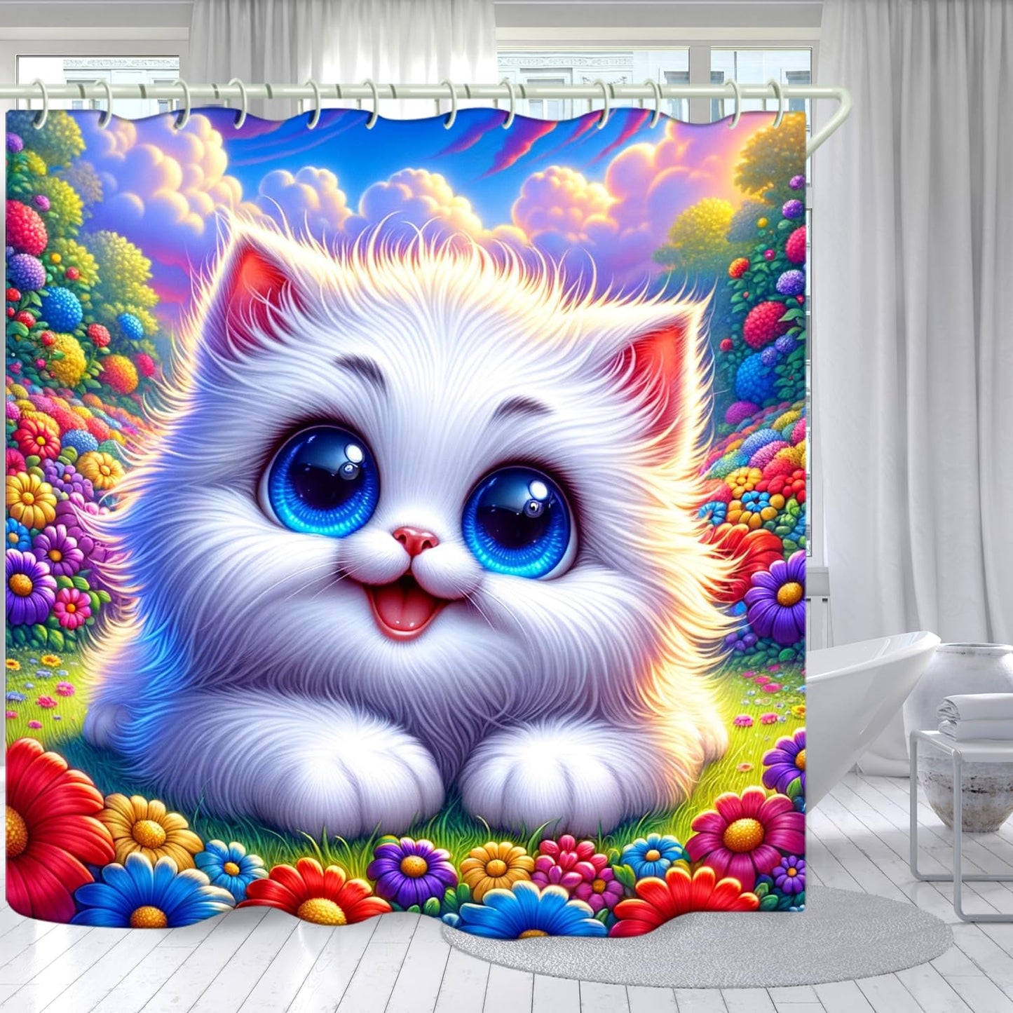LYFANS Bathroom Using White Cat 3D Shower Curtains, Deluxe Bathtub Standard Shower Curtain, Waterproof and Bright Fabric Shower Curtain Size (72x72 Inches)