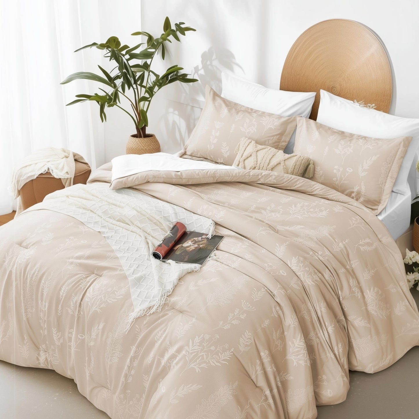 Kozyhvn Twin XL Comforter Set Khaki, Cute Floral Bed in a Bag Twin XL Boho 5 Pieces, Soft Fluffy Bedding Sets with Comforter, Sheets, Pillowcase & Sham, All Season