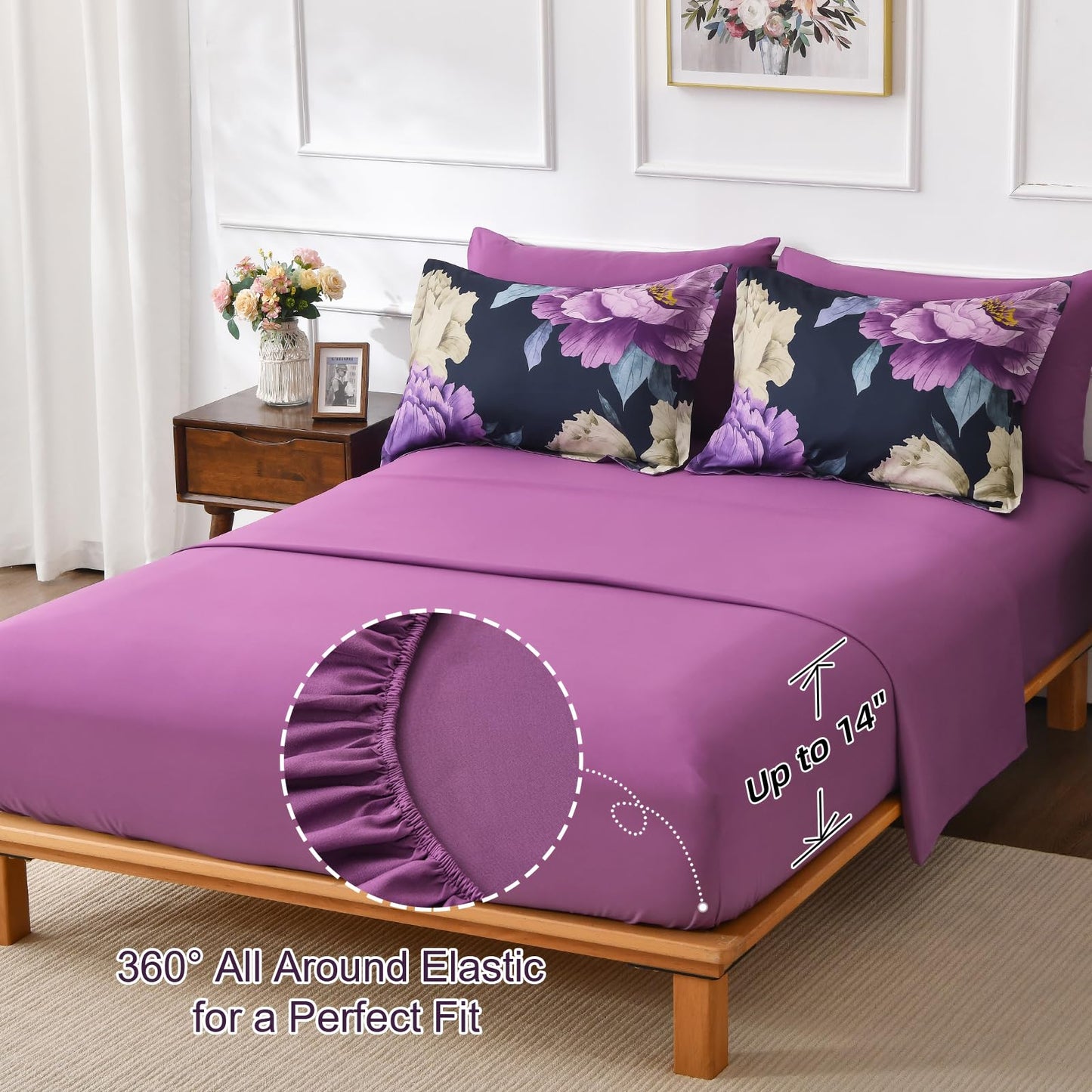 Dobuyly Dark Purple Comforter Set Queen 7 Piece Bed in a Bag, Elegant Floral Comforter Set with Sheets, Soft Microfiber Botanical Flower Bedding Set for All Season