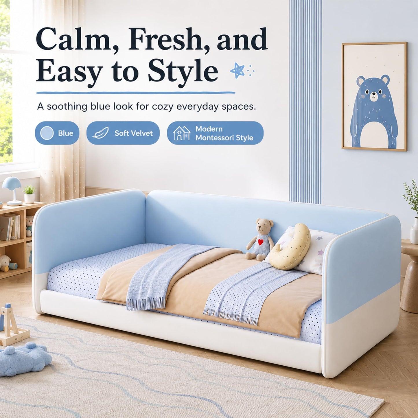 Twin Size Montessori Floor Bed with Upholstered Headboard and Armrests, Velvet Twin Floor Bed Frame with Protective Side Panels, Low Profile Platform Daybed for Kids, No Box Spring Needed, Blue