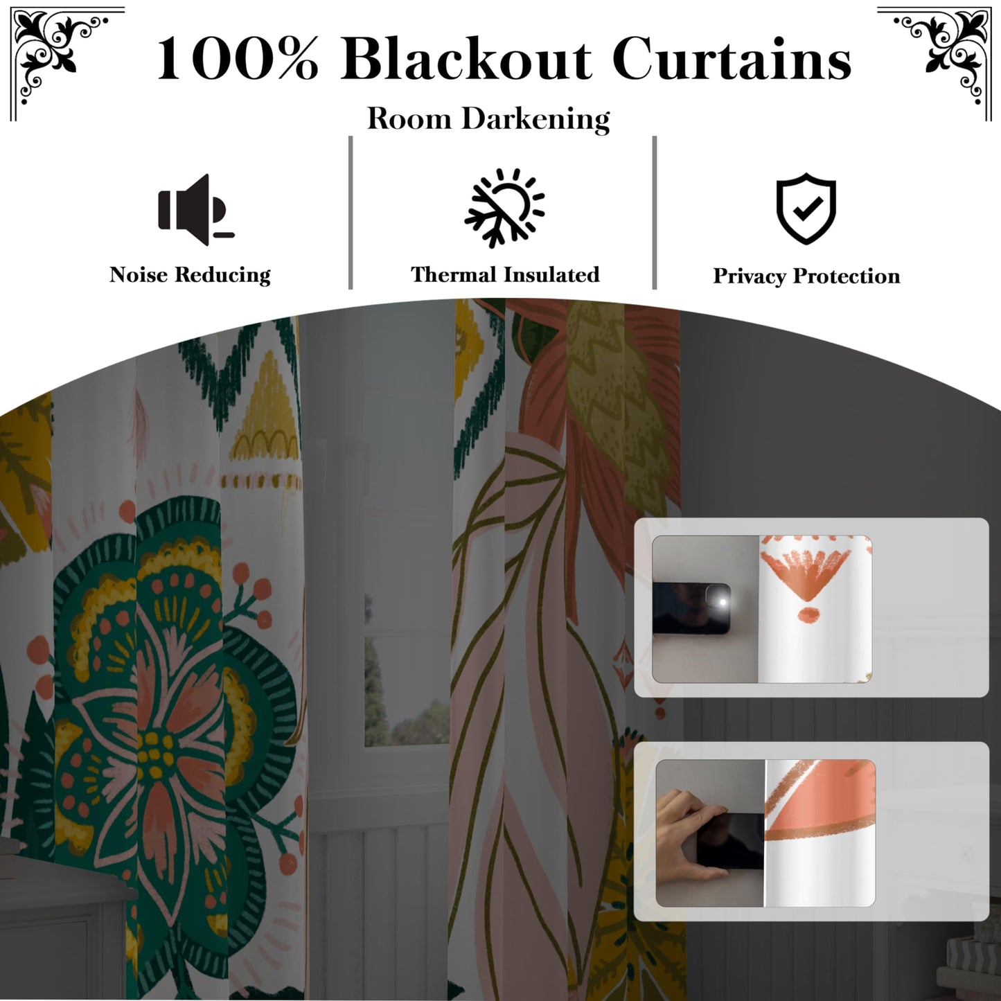 Tyrot White Boho Floral 100% Blackout Curtains for Living Room 84 inch Long 2 Panels Mid Century Botanical Black Out Curtains for Bedroom Grommet Thermal Insulated Room Darkening Window Drapes,52Wx84L
