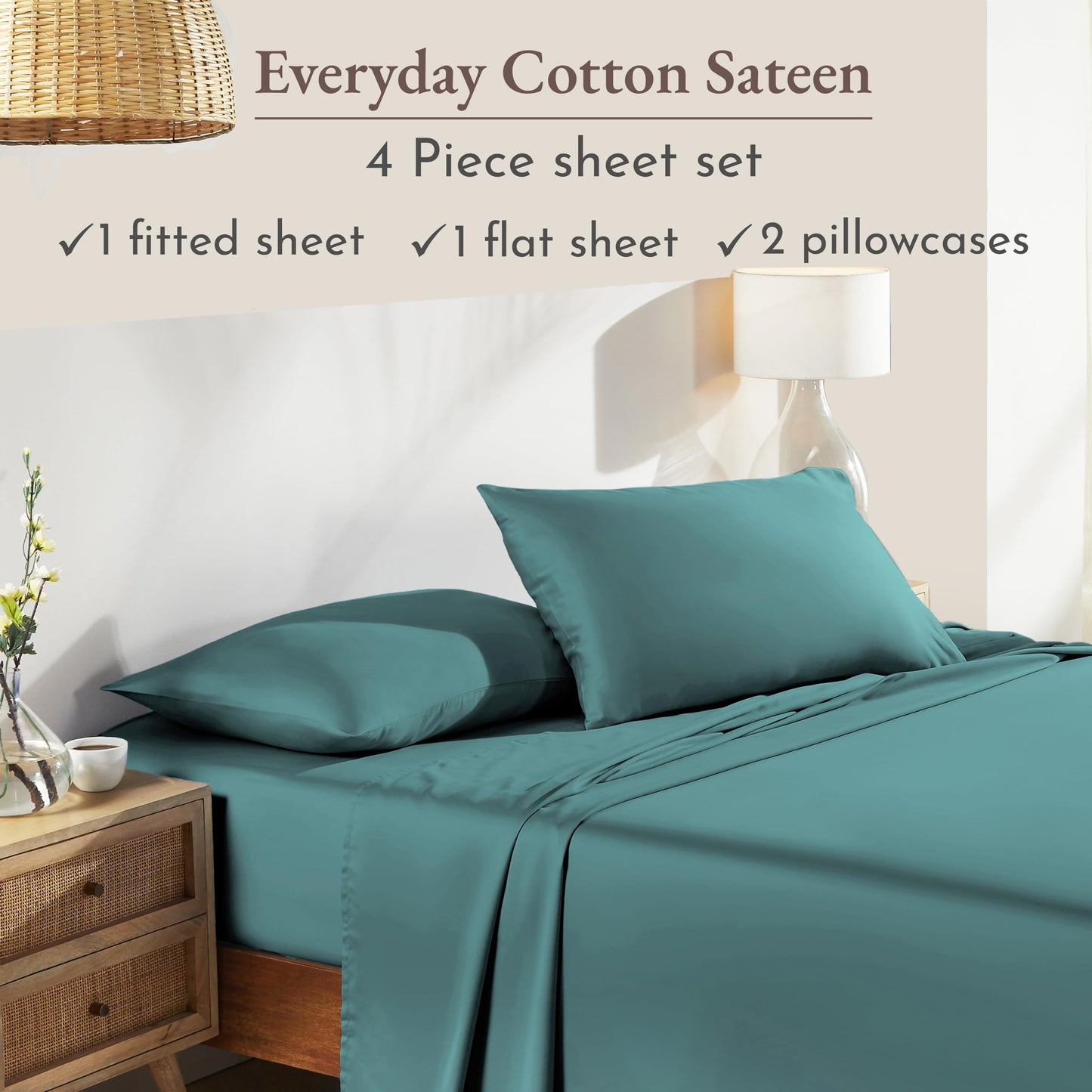 California Design Den Natural 100% Cotton Sheets Queen Size Bed - Soft Sateen Weave, Deep Pockets, Breathable and Durable Bedding Queen Size Teal (Deep Tone)