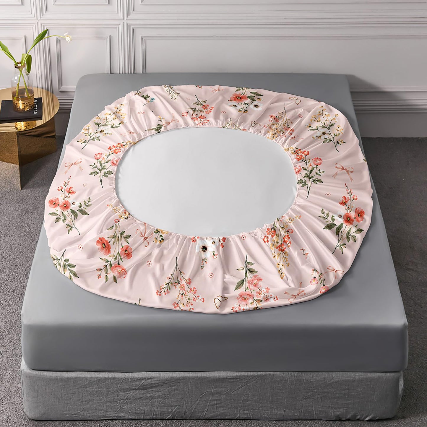 QOOMO Floral Sheet Set,Pink Floral Kids Bed Sheets,Pink Flower Printed 16" Deep Pocket Bed Sheet Set for Girls/Kids/Teens，4 Piece Sheet Set, 1 Fitted Sheet,1 Flat Sheet and 2 Pillowcases，Twin Size