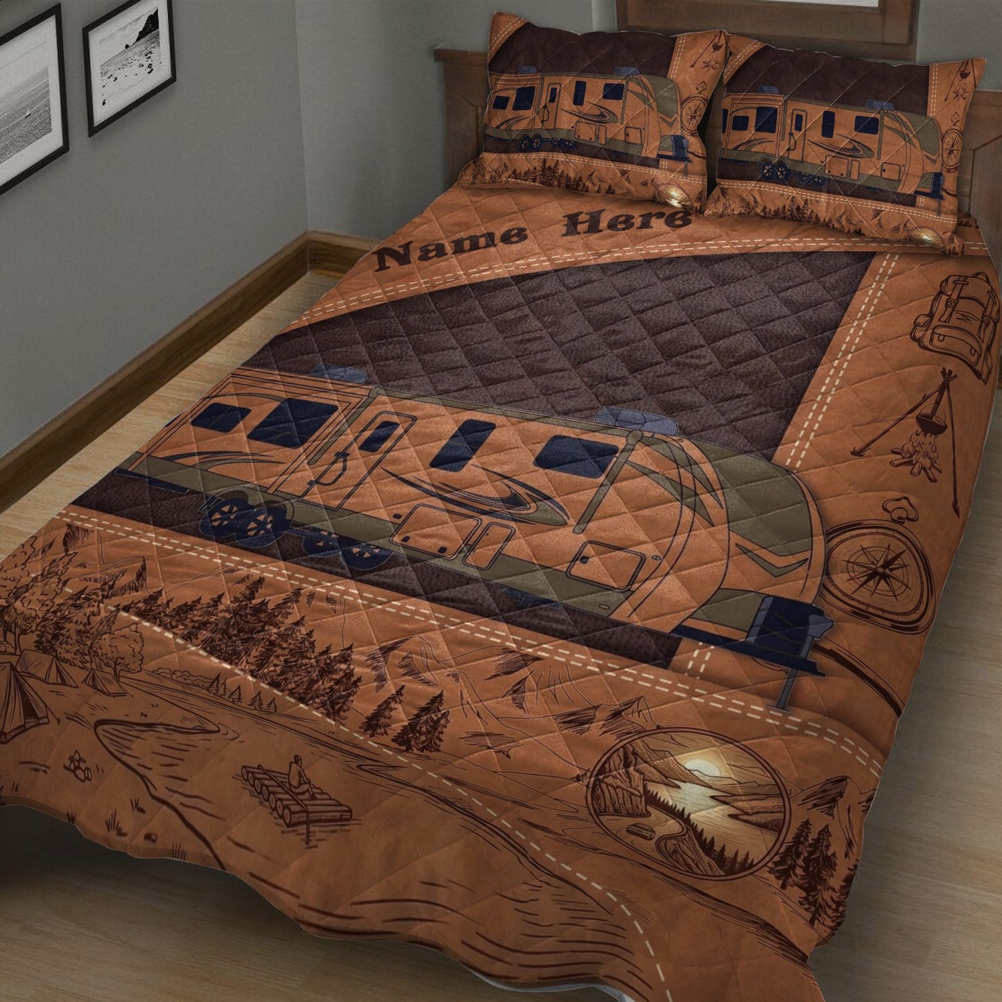 OhaPrints Custom Camping Lover Camper Travel Trailer Brown Personalized Name Quilt Blanket & Pillowcases, Quilts Bedding Set & Pillow Cover, King Queen Double Twin Throw Full Size Bedspread Bed Sets