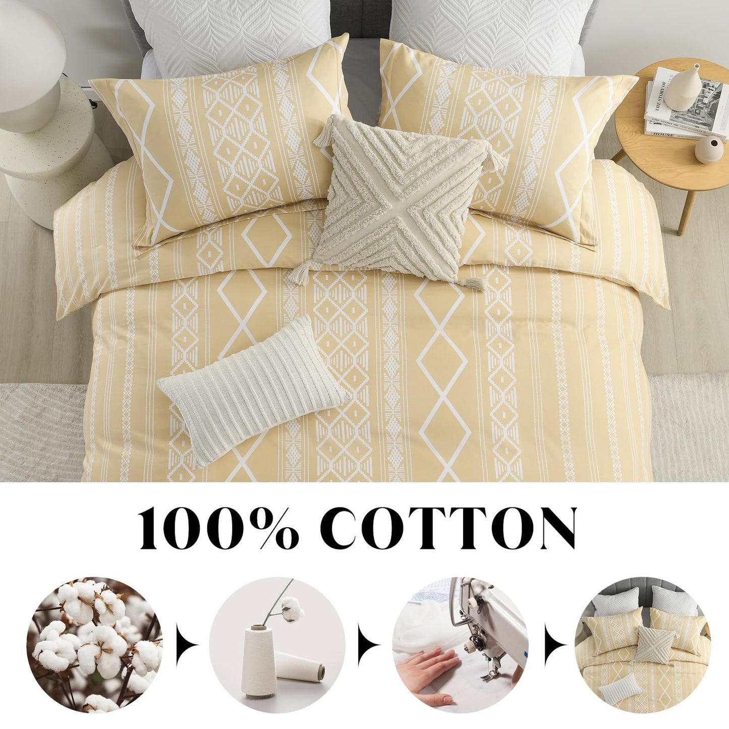 CozyDH Duvet Cover Set King Size - 400TC 100% Cotton Beige Boho Geometric Pattern Comforter Cover Set, 3 PCS Bohemian Soft Lightweight Bedding Set with Zipper Closure (104x90, No Comforter)
