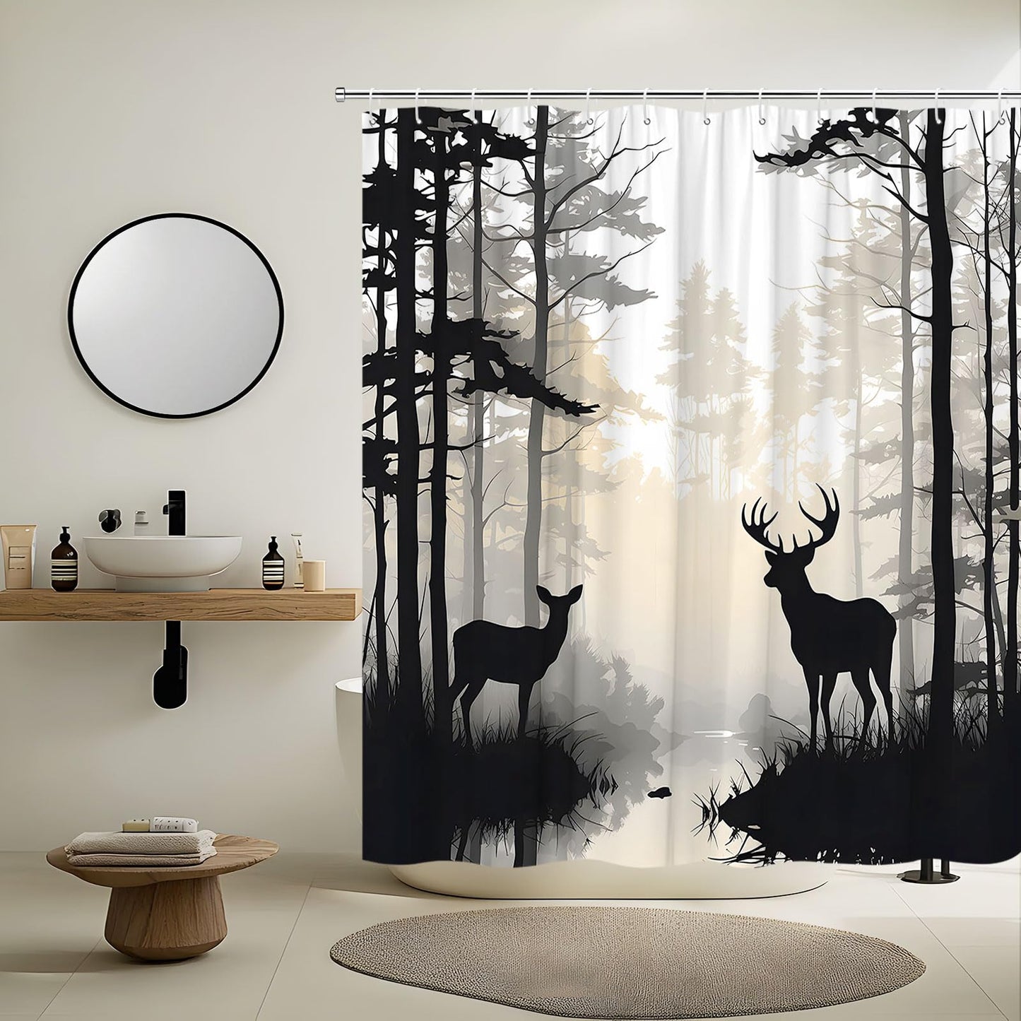 HYEEHY Forest Deer Shower Curtain Foggy Wildlife Hunnting Rustic Cabin Lodge Country Farmhouse Pine Tree Grey Elk Moose Shower Curtains Set Bathroom Polyester Fabric with Hooks (70" W x 70" L)