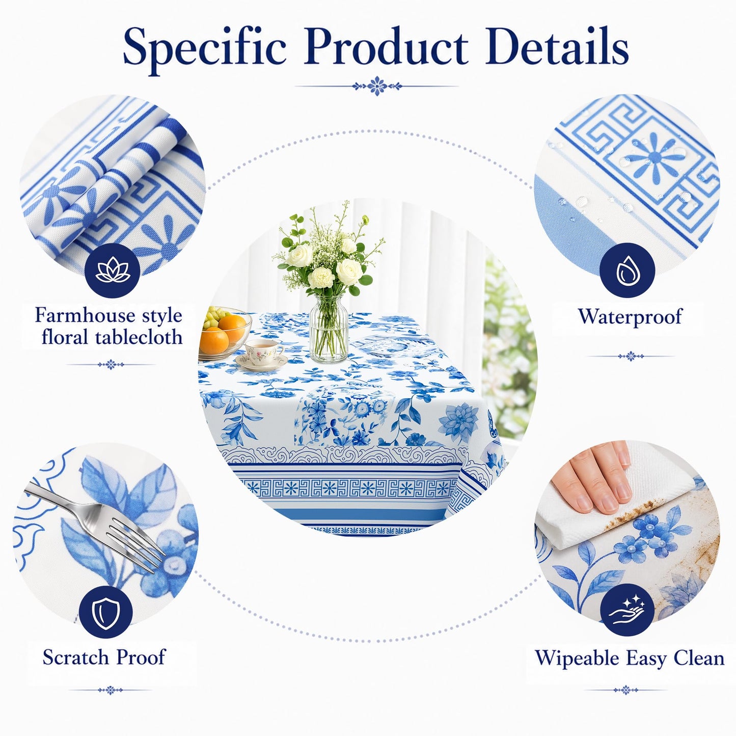 Viyeneyo Rectangle Tablecloth 60x102 Inch, French Blue Vase Table Cloth