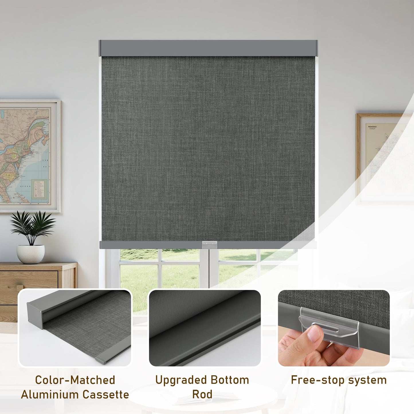 AOSKY Linen Roller Blinds Shades for Indoor Windows Pull Down Cordless Blackout Black Out Window Shade 23 Inch Blinds for Home Dark Grey