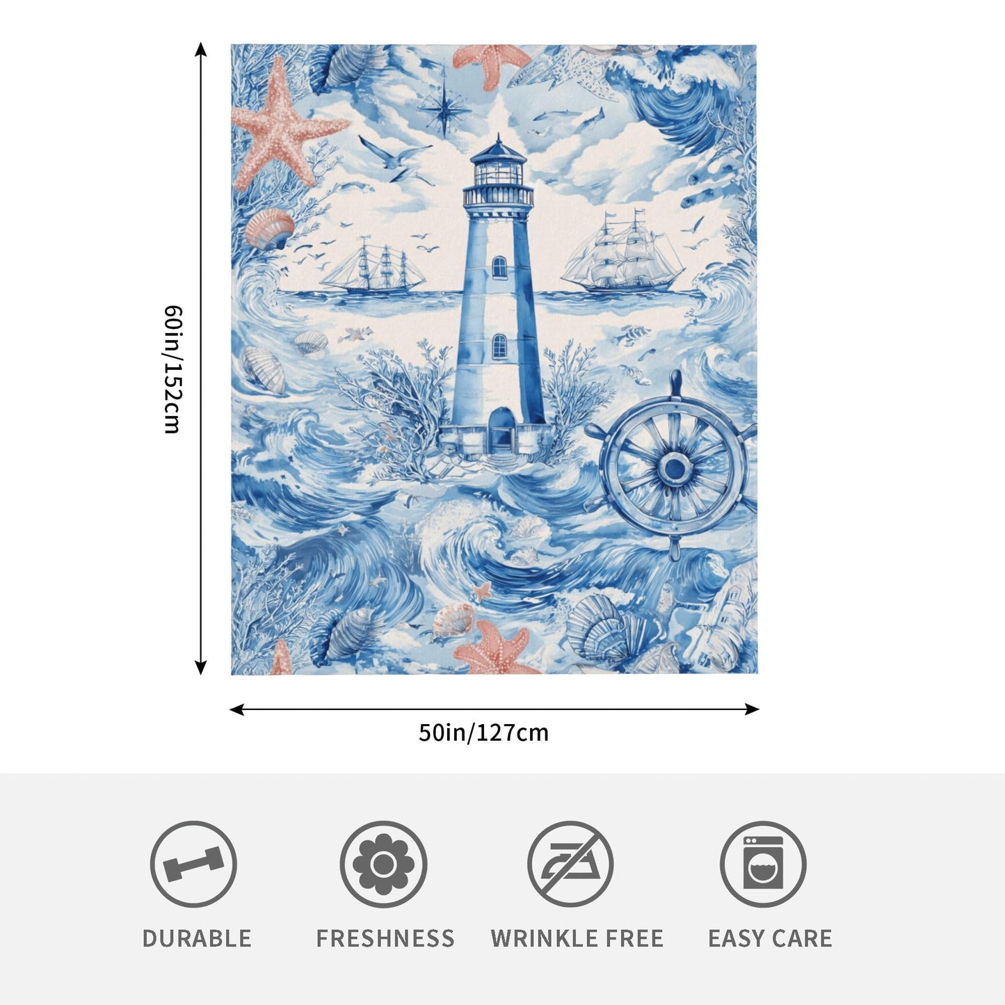 Nautical Navy Blue Ocean Beach Flannel Throw Blanket Soft Cozy Blanket for Living Room Couch Sofa Bed 50 x 60 Inches