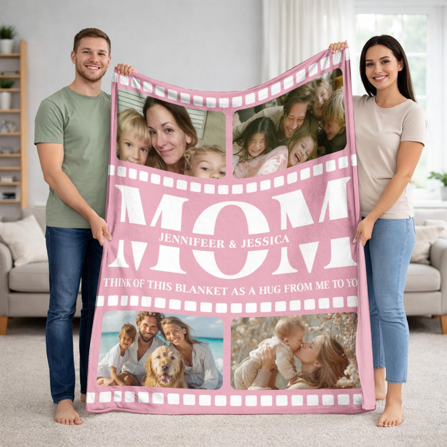 KiKiLuna Personalized Photo Filmstrip Flannel Throw Blanket, Custom Mom Gift with 4 Pictures and Names, 14 Background Color Options, Mother's Day Birthday Christmas Home Decor
