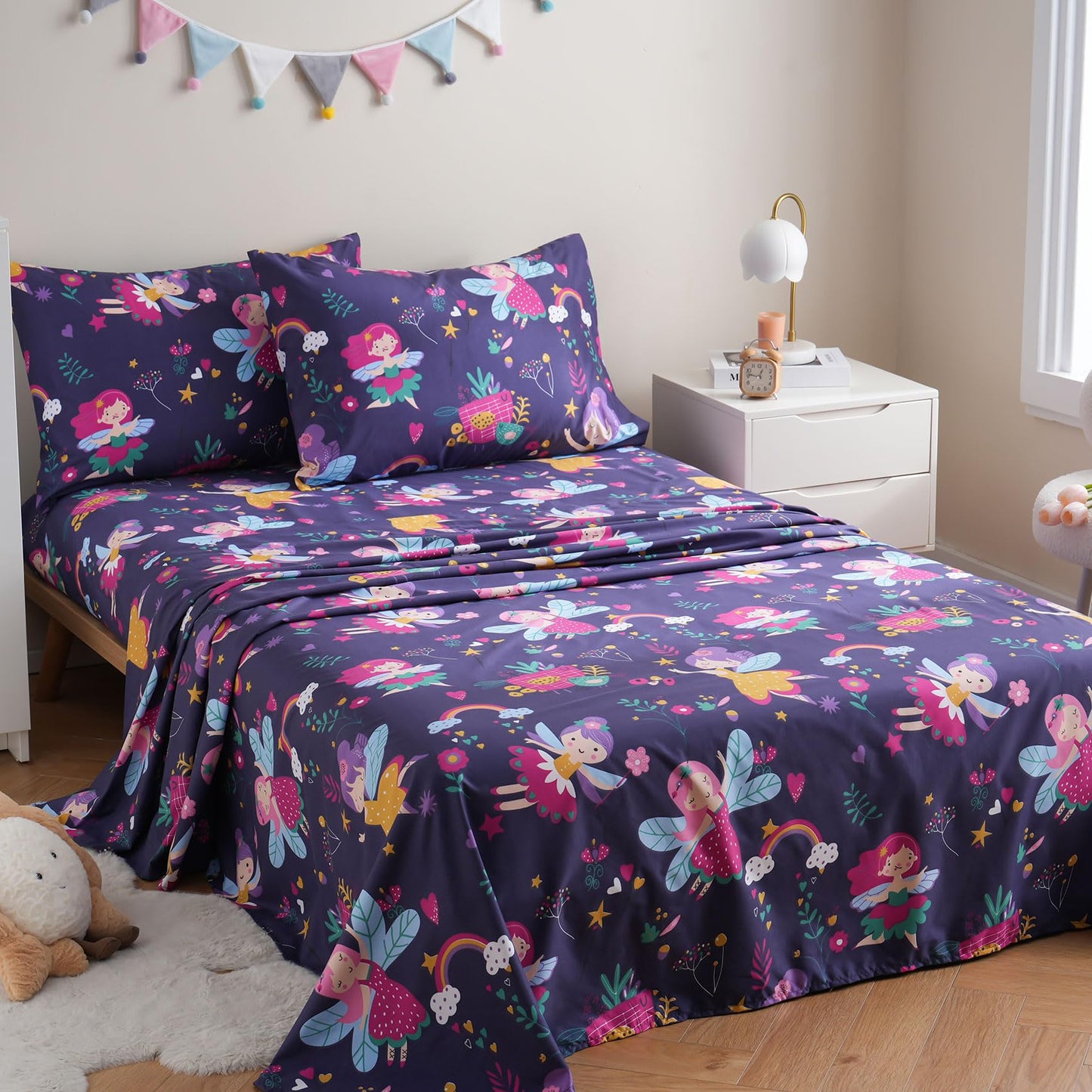 JSD Purple Fairy Kids Sheet Set Twin Size, 3 Piece Girls Floral Printed Microfiber Sheets Deep Pocket